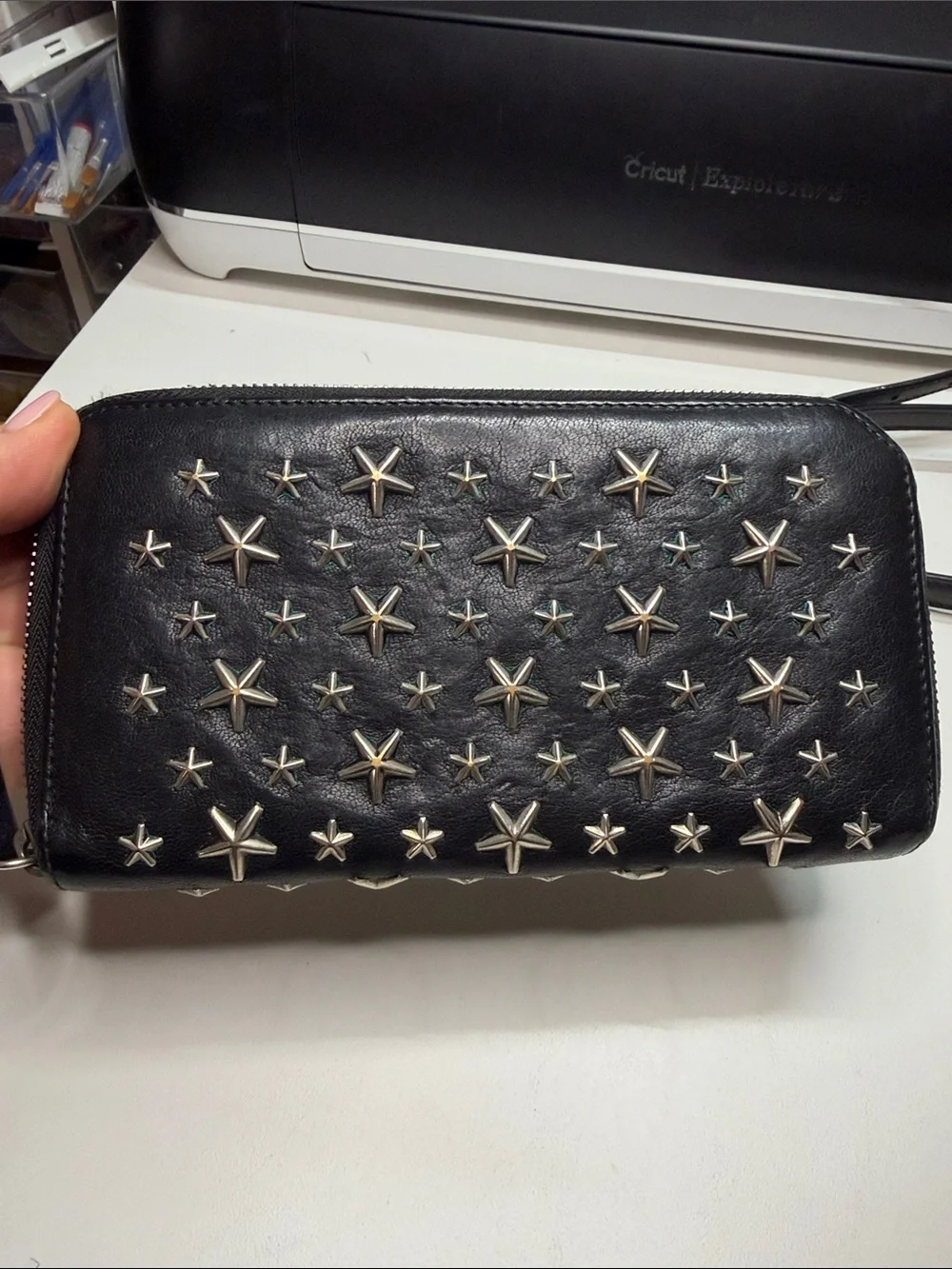Jimmy Choo Black Leather Star-Studded Zip Wallet